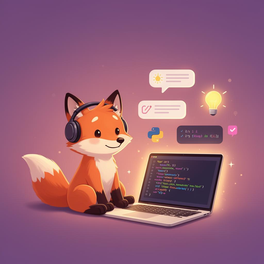 Foxa AI fox mascot tutoring beside a laptop with Python code
